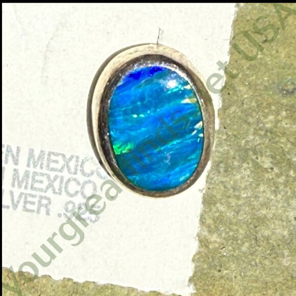 Sterling Silver & Blue Opal Pierced Post Stud Earrings Mexico - Picture 3 of 5